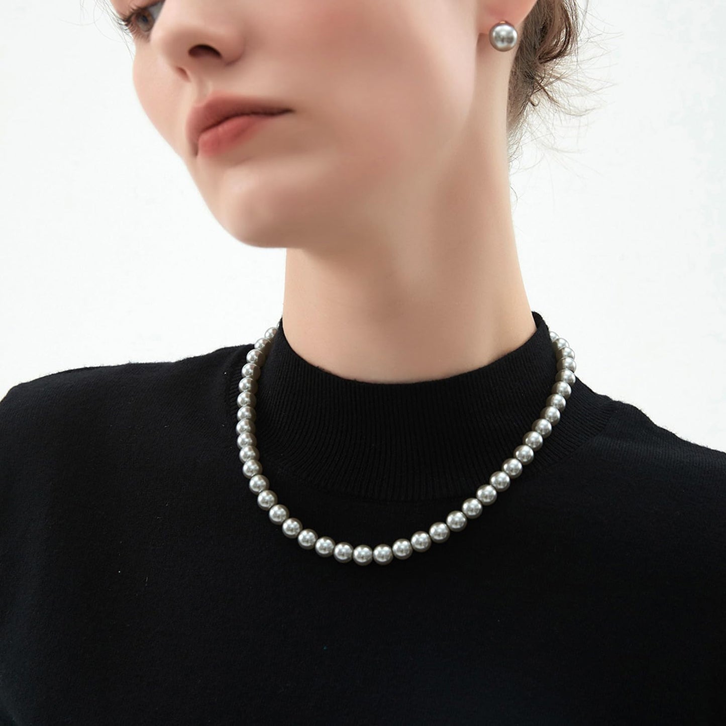 Zeffy Pearl Necklace 8MM Grey Dainty Round Imitation Pearl Handmade Beaded Choker Necklace Wedding Pearl Necklace Delicate Jewelry for Women Simple Bridesmaid Jewelry Gifts