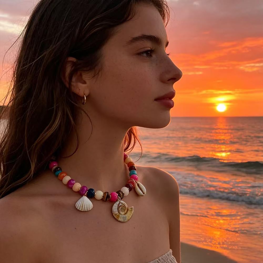 ROYNRAU Chunky Colorful Beaded Necklace for Women-Unique Resin Beads Starfish Shell Charms Pendant Choker Necklaces Boho Statement Summer Vacation Beach Jewelry (Conch-Round)
