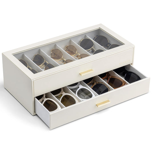 VLANDO 12-Grid Sunglasses Organizer Case, Large Capacity Eyeglass Storage Box with Clear Top Lid & 2 Drawers, PU Leather Sunglass Holder for Women Men, Ideal Gift for Eyewear Lovers - Beige