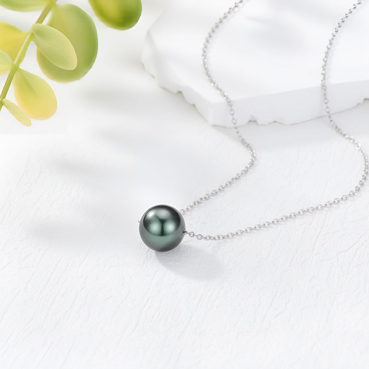 Black Pearl Necklace for Women 9-10mm Tahitian Single Pearl Pendants 18k White Gold Plated Silver 18+2 Inches Gift for Her Style 3