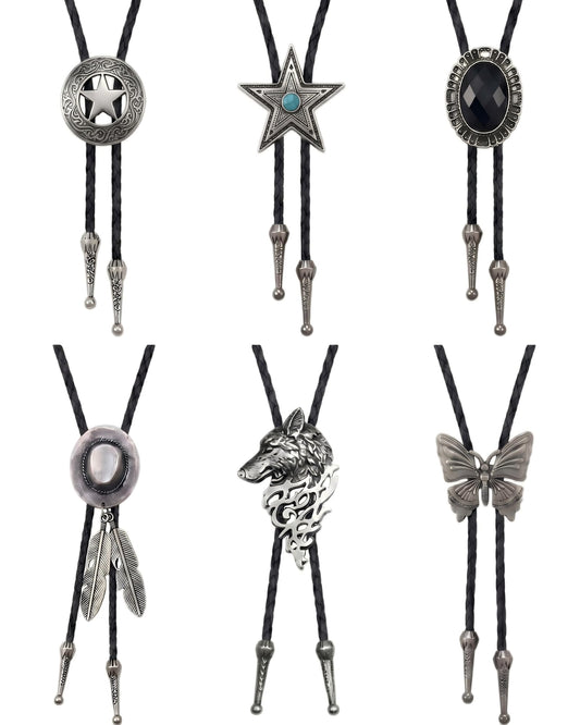 NoctisNest Bolo Tie for Men Western - 6 Pcs Vintage Silver Bolo Ties Necklace Set for Cowboy Gathering, Retro Cowgirl Leather Necktie for Women Rodeo Season Country Casual Accessories