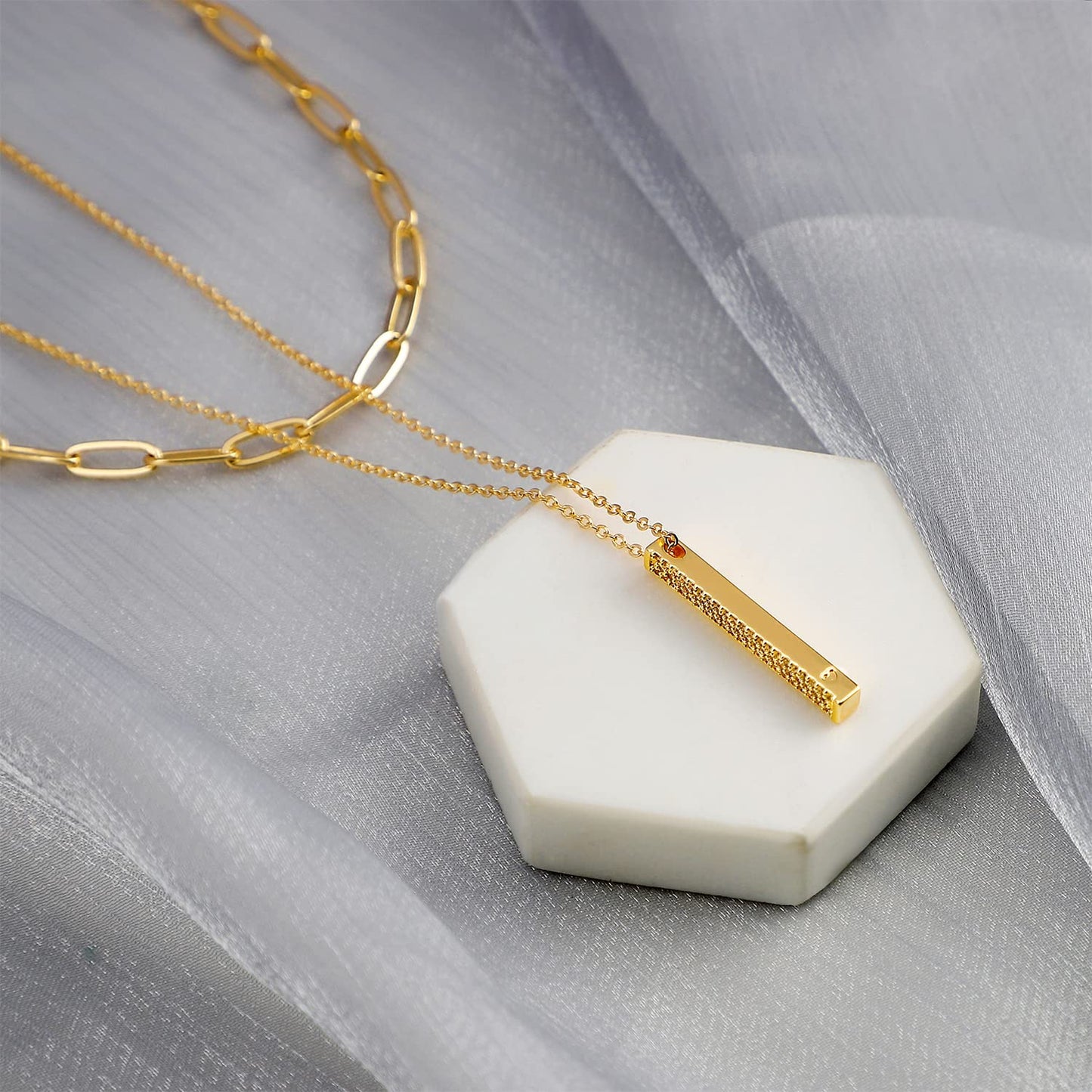 MEVECCO Gold Layered Choker Necklace for Women, 18K Gold Plated Dainty CZ 3D Vertical Bar Pendant Minimalist Paperclip Double Layer Necklace for Jewelry
