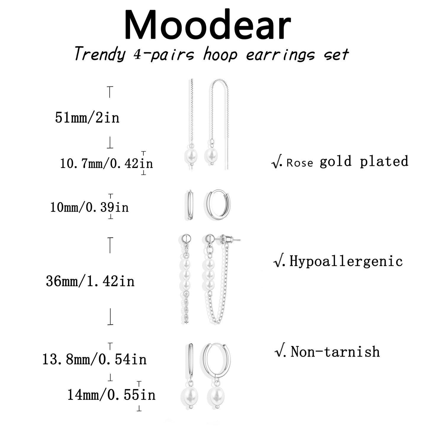 Moodear 925 Sterling Silver Earrings for Women - Trendy Pearl Dangle Hoop Huggie Hypoallergenic Earring Sets for Women Dainty Jewelry Gift