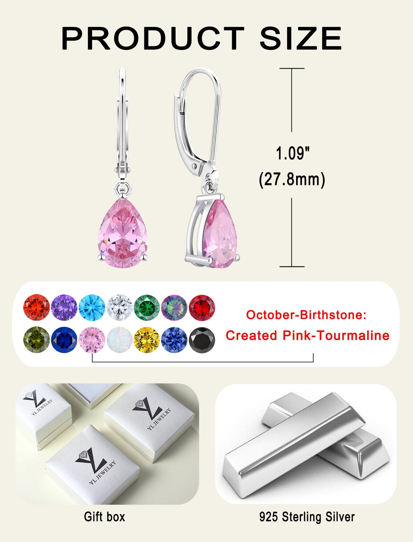YL 925 Sterling Silver Teardrop Dangle Drop Earrings for Women 7x10 MM Solitaire Created Pink Tourmaline Leverback Jewelry