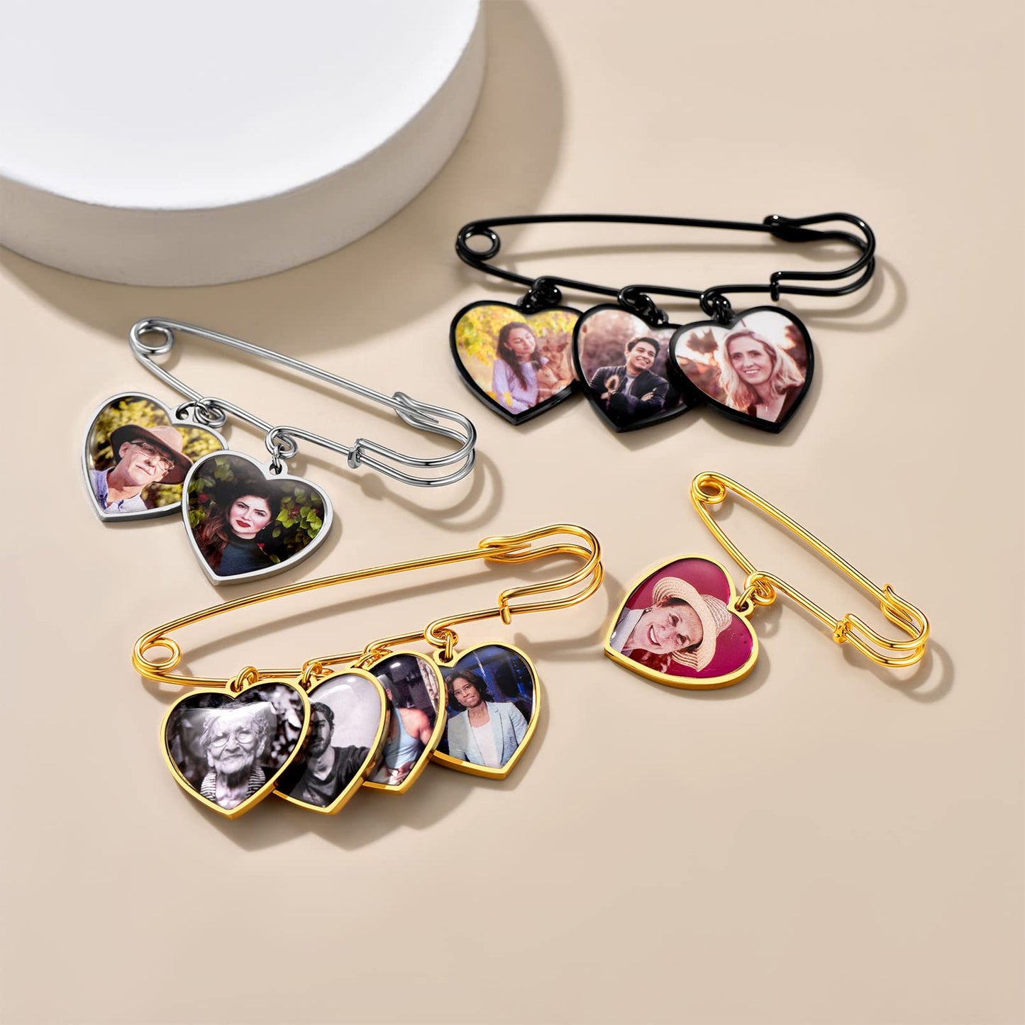Custom4U Photo Charm for Bouquet Heart Shaped Brooch Pins with 3 Pictures Customized Memorial Wedding Jewelry