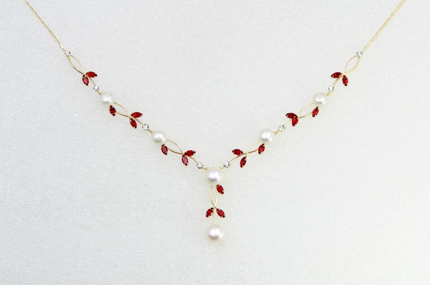 Faship Red CZ Crystal Genuine Freshwater Pearls Floral Necklace Earrings Set - Red/Gold Plated