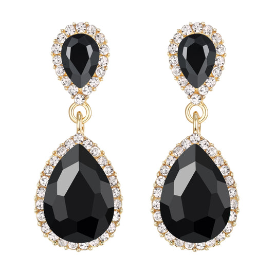 EVER FAITH Women's Austrian Crystal Wedding Tear Drop Dangle Earrings Black Gold-Plated-Base