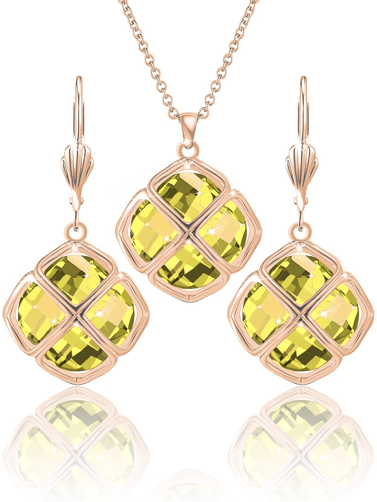 Qinpan 14MM Crystal Pendant Drop Dangle Necklace Earrings Set for Women Glod Plated Costume Jewelry Sets, 38*17.8mm, Rose Gold, Citrine