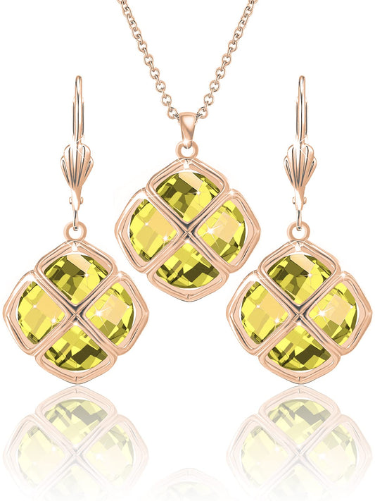 Qinpan 14MM Crystal Pendant Drop Dangle Necklace Earrings Set for Women Glod Plated Costume Jewelry Sets, 38*17.8mm, Rose Gold, Citrine