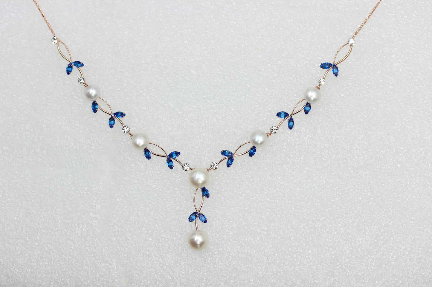 Faship Gorgeous Blue CZ Crystal Genuine Freshwater Pearls Floral Necklace Earrings Set - Blue/Rose Gold Plated