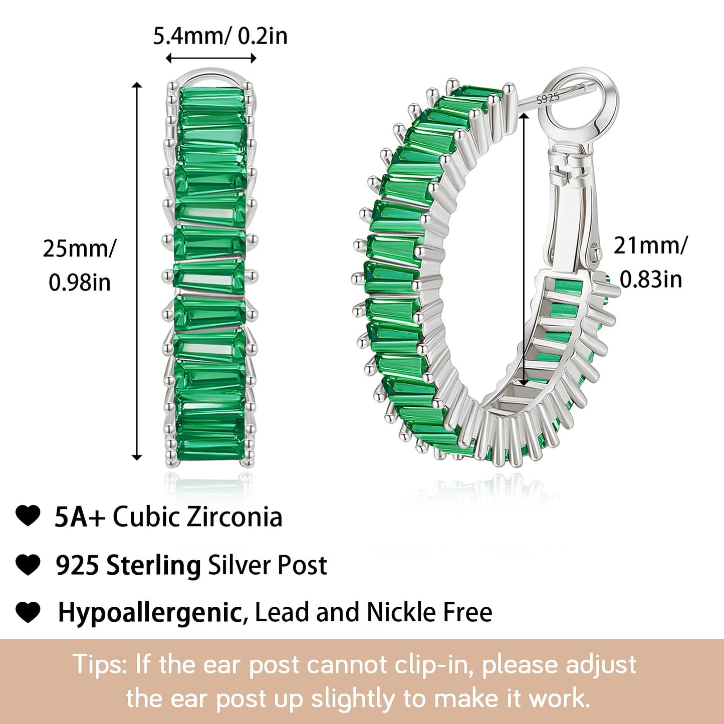 GLOQUAT Green Hoop Earrings St Patrick's Day Earring Accessories for Women Cubic Zirconia Hoops for Irish Festival Trendy Baguette Hoop Earring Womens Emerald Green St Patty's Jewelry Gifts 25mm