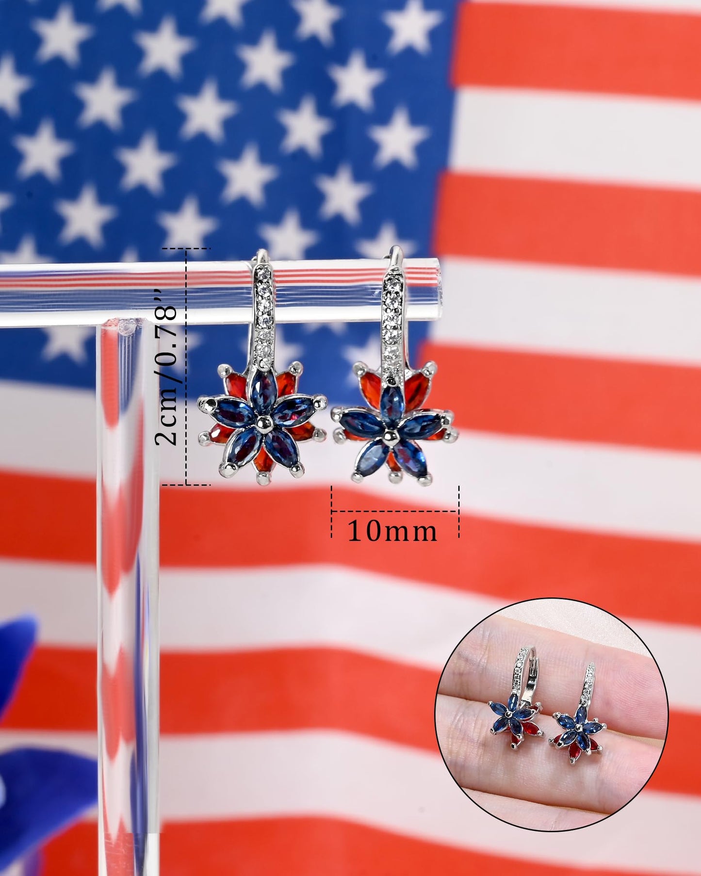 Watforsh 925 Sterling Silver Flower Earrings for Women Dangling Leverback Earrings with Red and Blue Crystal Double Floral