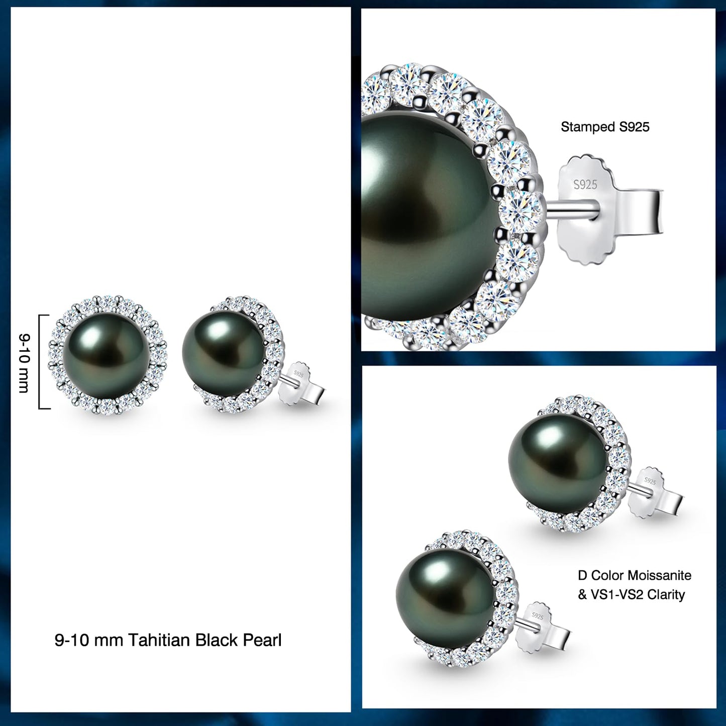 Genunie Tahitian Black Pearl Stud Earrings for Women - Christmas Gifts for Wife Anniversary Wedding, Mom Birthday Gift, AAAA 9-10mm Ocean-Grown Pearls Sterling Silver Unique Moissanite Jewelry