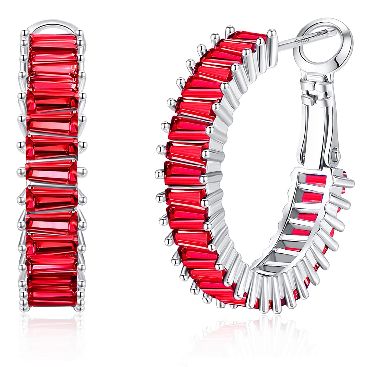 GLOQUAT Ruby Red Crystal Hoop Earrings White Gold Plated Red Earrings for Women 925 Sterling Silver Post Vintage Baguette Cubic Zirconia Round Circle Hoops for Women Trendy Rhinestone Jewelry 25mm