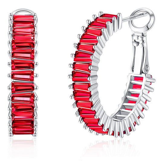 GLOQUAT Ruby Red Crystal Hoop Earrings White Gold Plated Red Earrings for Women 925 Sterling Silver Post Vintage Baguette Cubic Zirconia Round Circle Hoops for Women Trendy Rhinestone Jewelry 25mm