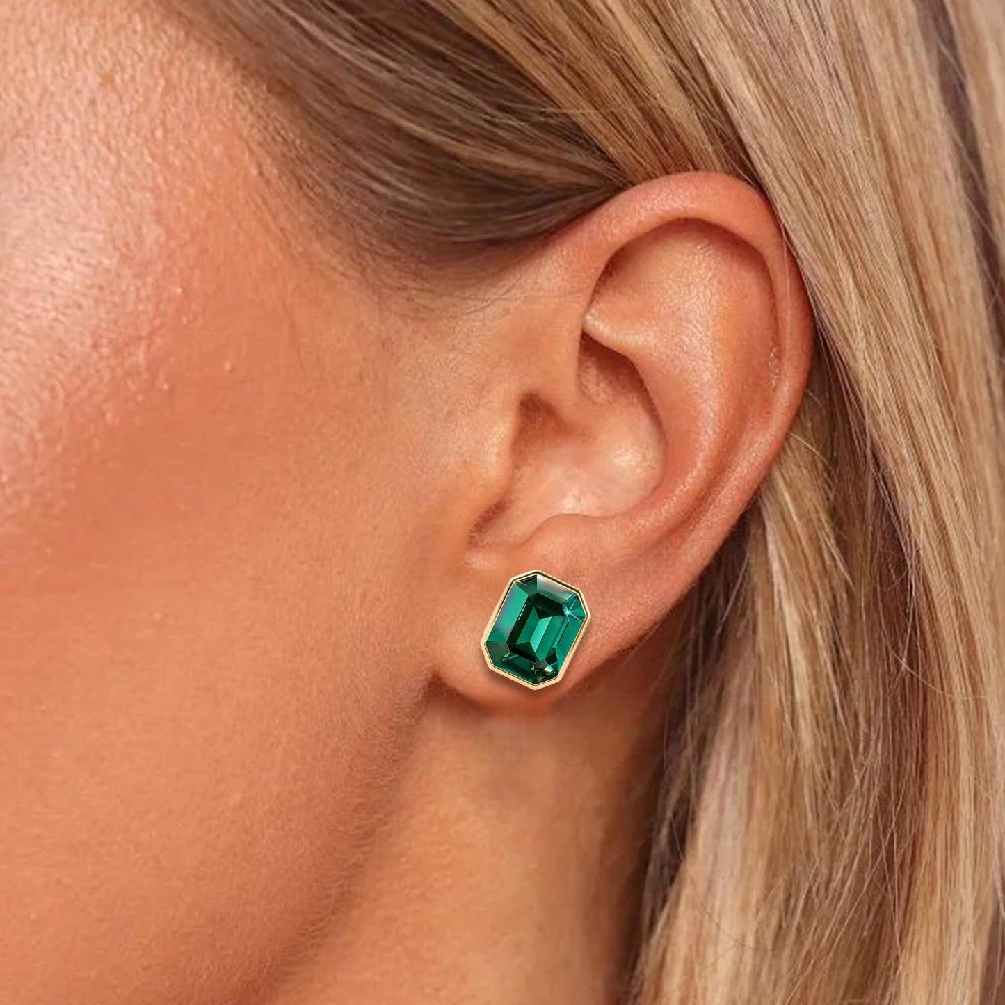 Austrian Crystal Octagon Stud Earrings for Women Fashion 925 Sterling Silver Post Hypoallergenic Jewelry (Emerald)