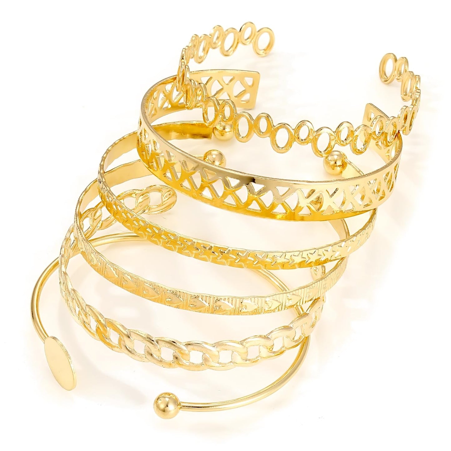 IFKM Gold Bangle Bracelets For Women 14k Gold Plated Multi Layer Stackable Cuff Bracelet Set, Trendy Elegance Charms Non Tarnish Minimalist Textured Boho Jewelry for Women (6pcs Hollow love five-pointed star)