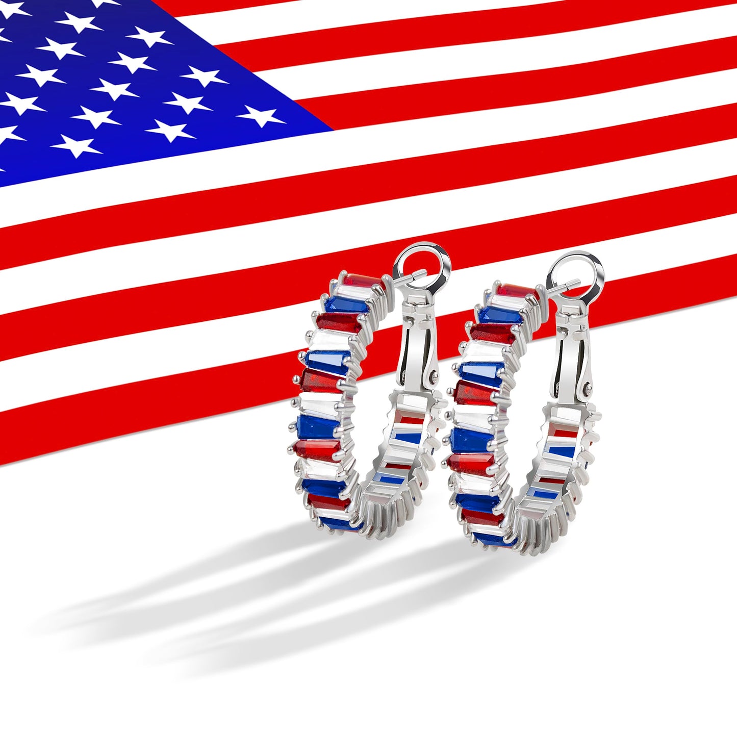 GLOQUAT American Flag Hoop Earring Silver Plated Patriotic Hoops for Women 4th of July Earrings for Women 925 Sterling Silver Post Ole Miss Earrings Memorial Day Red White and Blue Hoops Jewelry