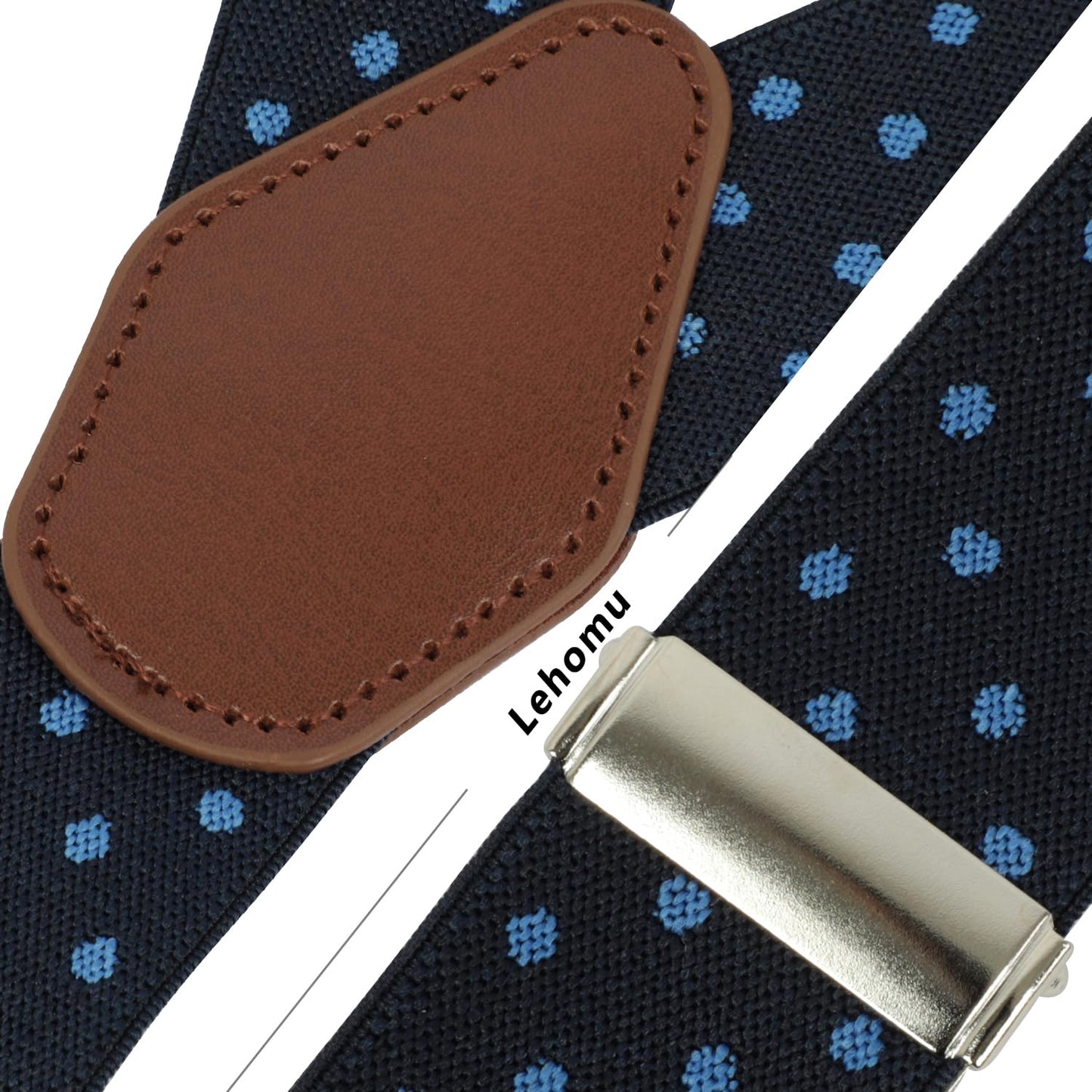 LEHOMU Suspenders for Men with leather 6 Heavy-Duty Clips, 1.4 Inches Wide Men's Suspenders Y-Back Adjustable Elastic Fit for Work or Casual Wear，Tibetan Blue Dots