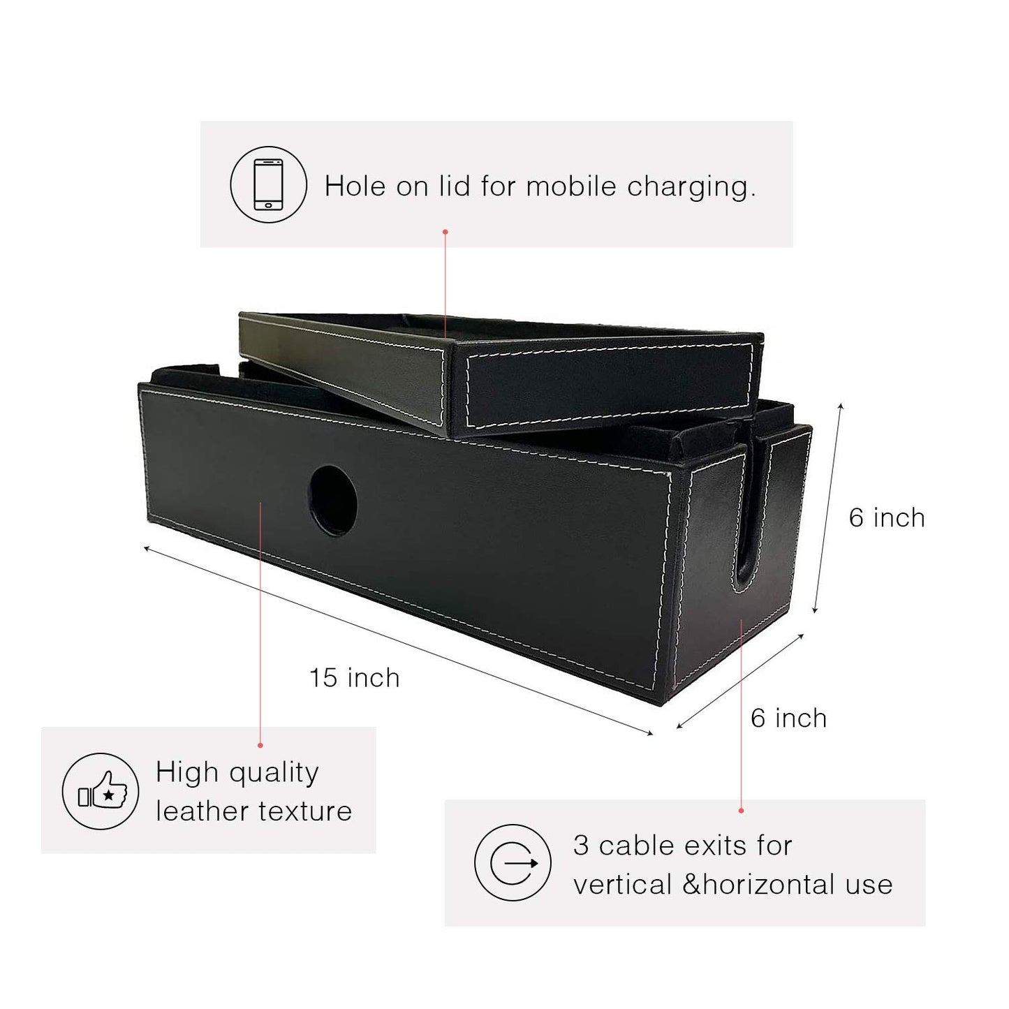 NEET Cable Management Box Large, Computer Cord Organizer, Hide and Conceal, Power Cable Organizer, Computers and Desks, Black Stitched Leather