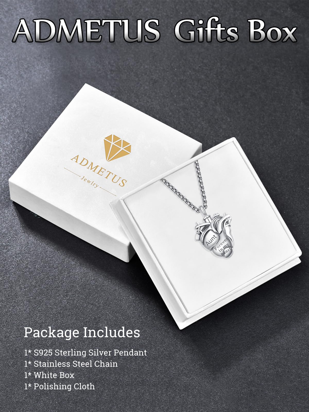 Personalized Anatomical Heart Urn Necklaces for Ashes Sterling Silver Ash Pendants Cremation Jewelry Aunt Keepsake Pendant Memorial Jewelry Gifts for Loss of Aunt