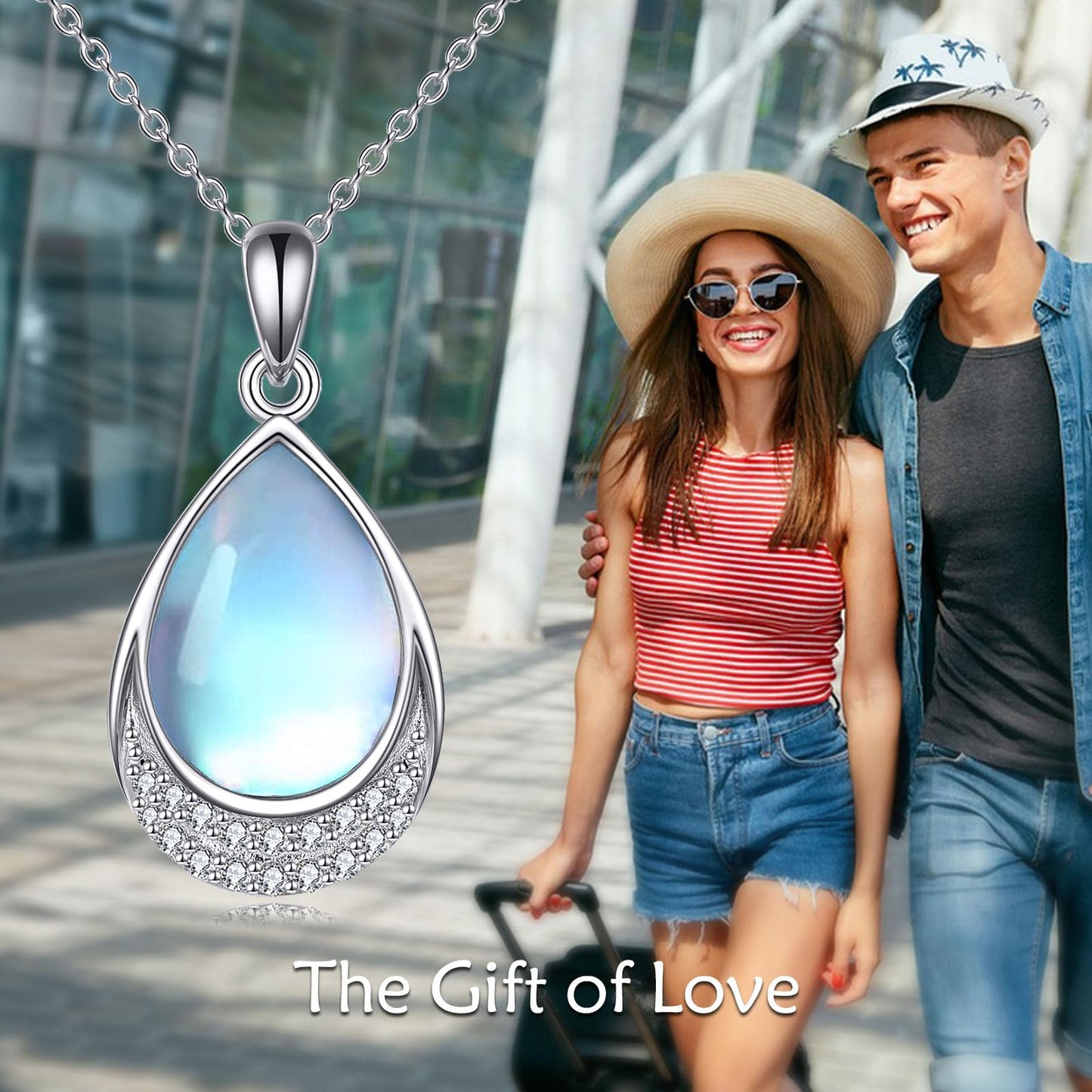 YAFEINI Moonstone Necklace 925 Sterling Silver Cubic Zirconia Teardrop Pendant Necklace Jewelry for Women(V-Cubic Zirconia Moonstone Necklace)