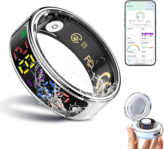 Smart Ring for Women Men, Health Ring with Colorful Display, Fitness Tracker with Heart Rate, Blood Oxygen, Sleep Monitor, No Subscription Fee, 5ATM Waterproof for iPhone & Android (Silver, 9)