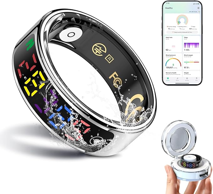 Smart Ring for Women Men, Health Ring with Colorful Display, Fitness Tracker with Heart Rate, Blood Oxygen, Sleep Monitor, No Subscription Fee, 5ATM Waterproof for iPhone & Android (Silver, 10)