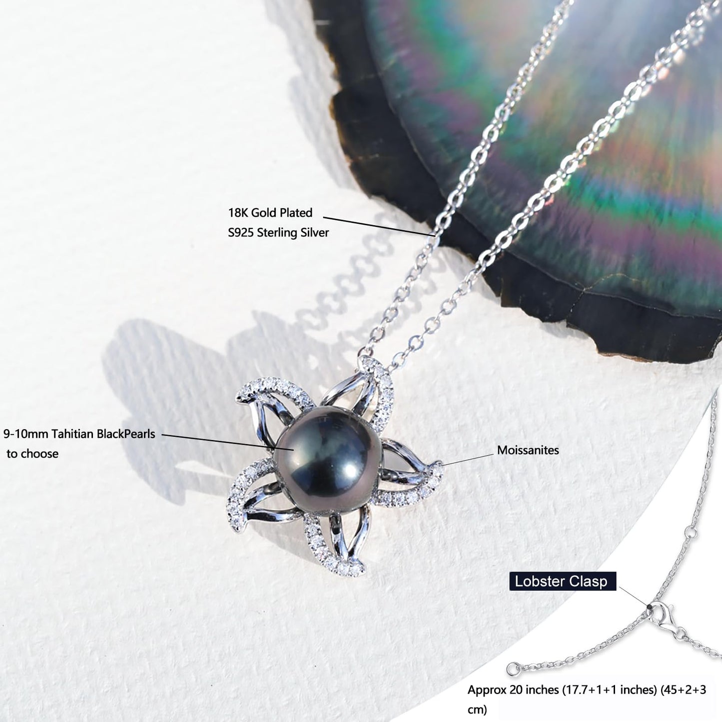 Tahitian Black Pearl Necklace for Women - Christmas Gift for Wife, Mom, Grandma, Jewelry Gifts for Wedding Anniversary Birthday, 9-10mm Seawater Pearl with Sterling Silver Moissanite Starfish Pendant