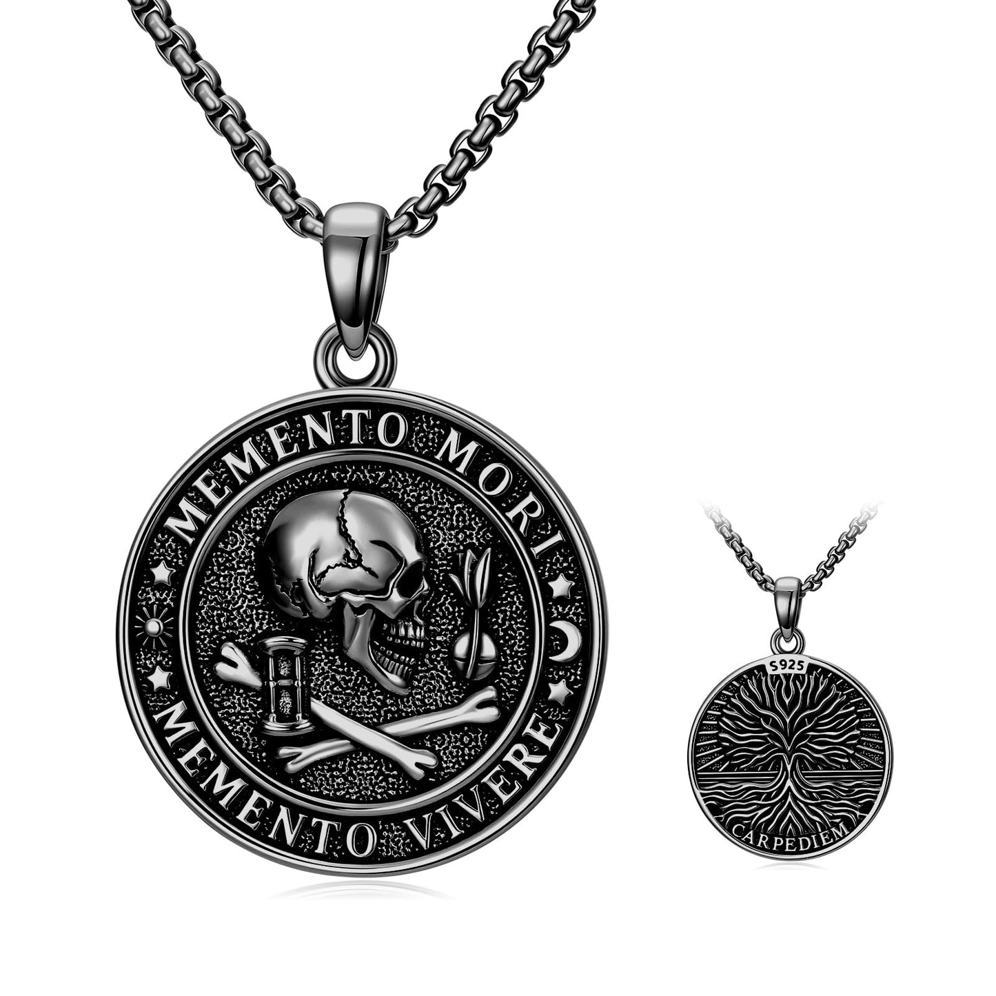 POIUY Memento Mori Necklace for Men Gothic Black Skull Pendant Stoicism Mori Jewelry Tree of Life Amulet Protection Gifts for Men Women 22+2 Inch Chain
