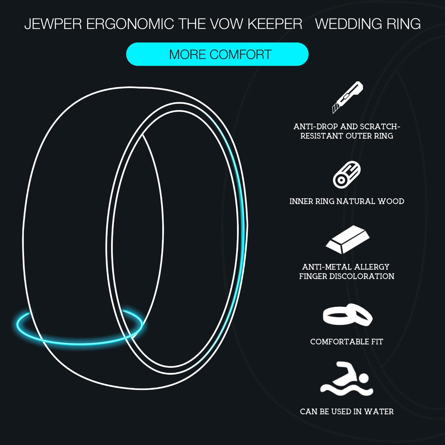 JEWPER Tungsten Rings for Men Womens 8mm Black Fashion Promise Wedding Band Hammered Groove Meteorite Orbo Carbide Beveled Polished Edge Comfort Fit