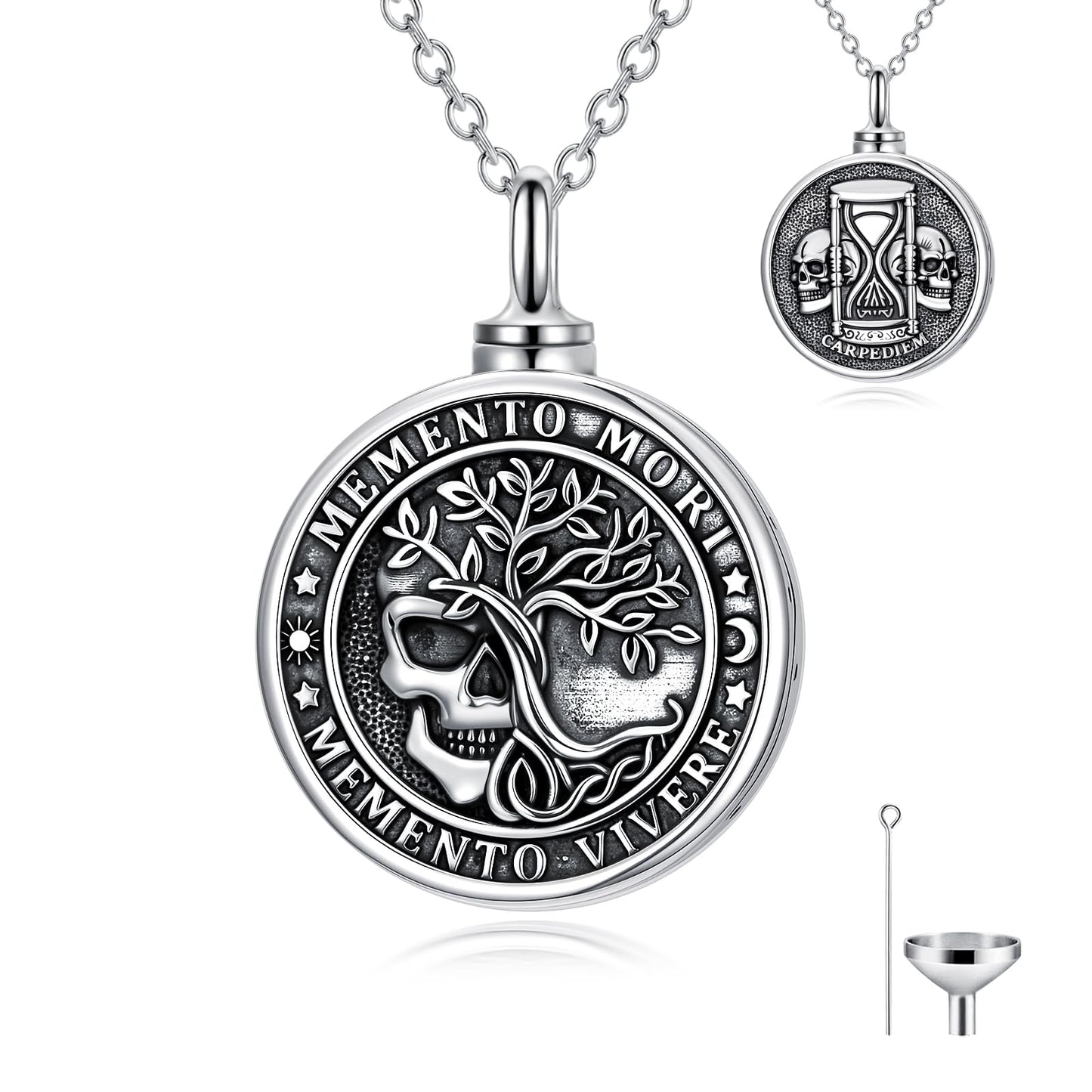 Memento Mori Urn Necklace for Ashes Gothic Skull Pendant Tree of Life Hourglass Cremation Memorial Jewelry Amulet Protection Necklace Gift for Men Women Him Her