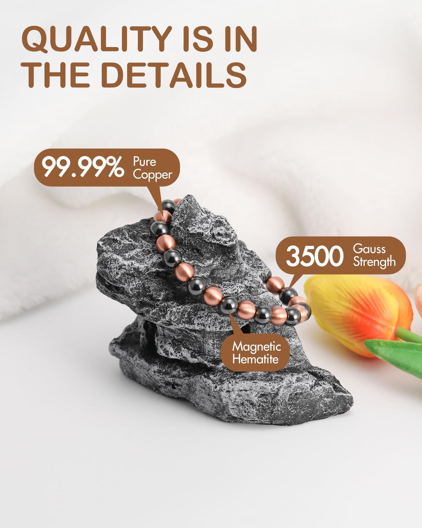 Feraco Pure Copper Magnetic Bead Bracelet for Men Women, 8mm 99.99% Solid Copper & 3500 Gauss Magnetic Hematite Beads, Unisex Stretch Wristband, Gift-Ready Jewelry