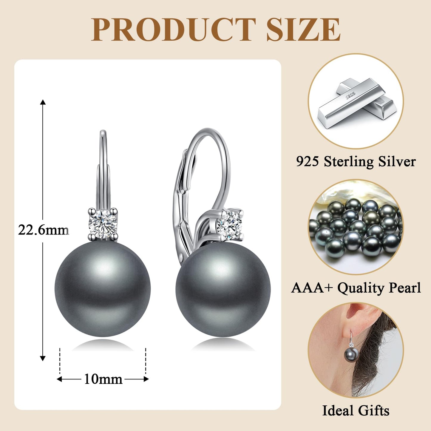 Jiahanzb Gray Pearl Leverback Earrings for Women 10mm 925 Sterling Silver Dangle Earrings for Women