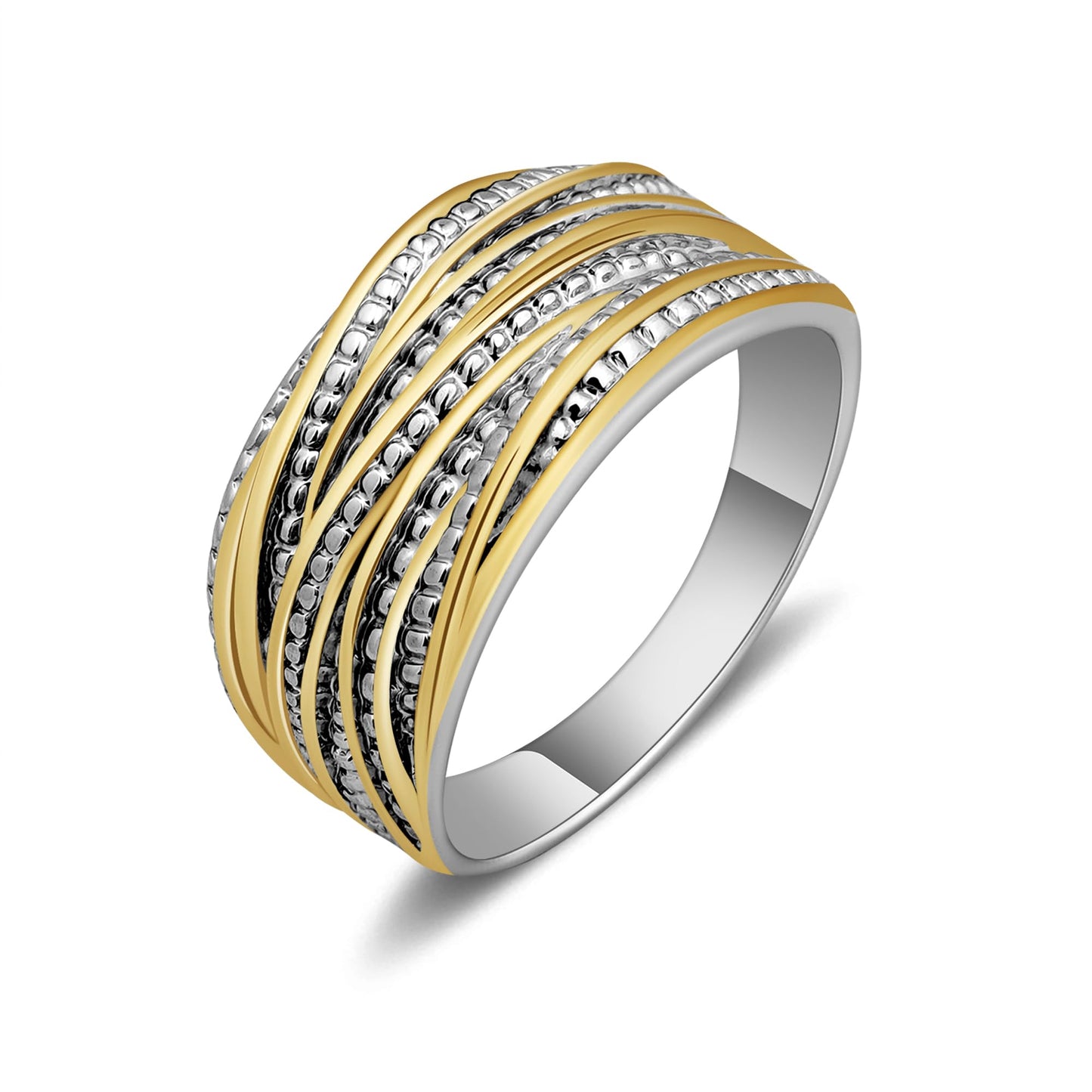 Mytys 2 Tone Intertwined Crossover Statement Ring Fashion Chunky Band Rings for Women Black Gold Silver Rose Gold Plated Wide Index Finger Rings Costume Jewelry (scaled-down Gold and silver, 9)