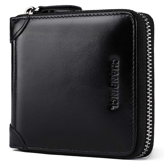 Mens Genuine Leather Zipper Wallet RFID Secure Large Capacity Double Fold Multi-card Leather Wallets for Men and coin purse (Oil wax black)