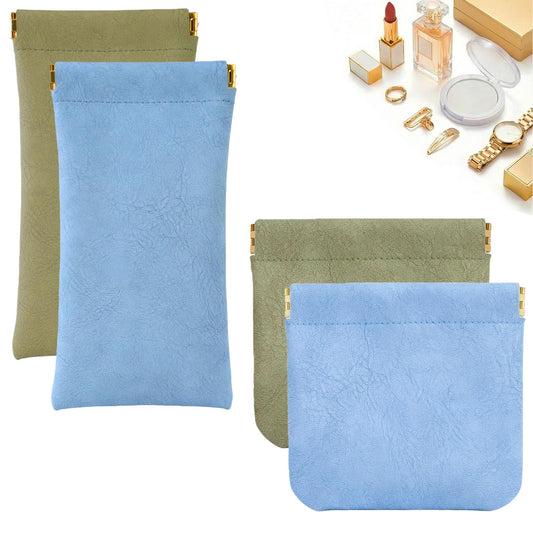 4Pcs Small Makeup Bag for Purse, Mini Leather Pocket Cosmetic Bag for Women, Small Lipstick Purse Pouches for Purse, Small Coin Purse Organizer Pouches, Portable No Zipper Makeup Pouch (Blue, Green)