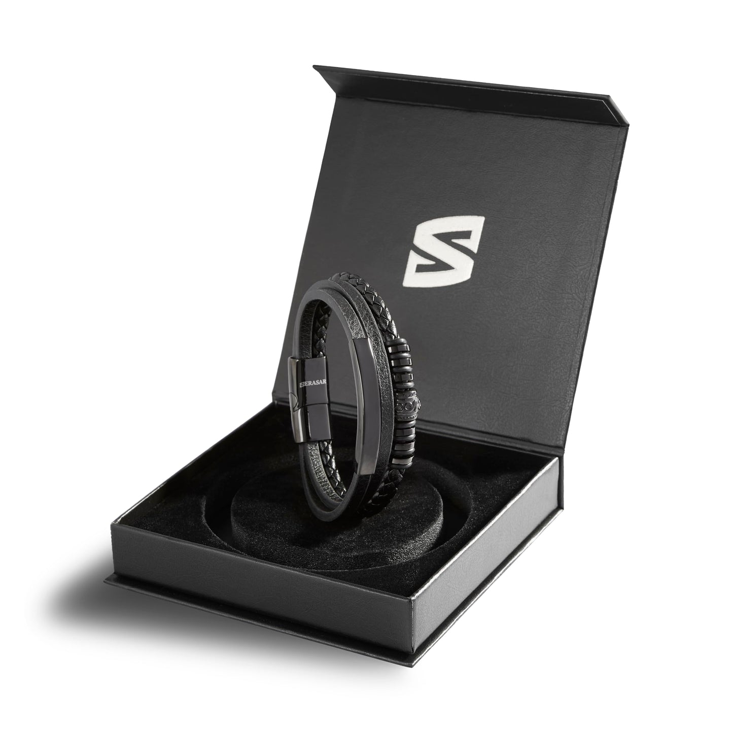 SERASAR 8″ Black Leather Bracelets for Men Mens Cowhide Gift Box Braided Bracelet Stainless Steel Jewelry Wrist Band Cuff Wrap Rope Bangle Dad Man Pulseras para Hombres Cuero Regalo