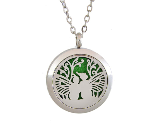 Aromatherapy Essential Oil Diffuser Stainless Steel 30MM Silver Magnetic Locket Pendant 2 Sizes Chain Necklace, Refill Pads & Diffuser Bracelet in a Velvet Bag (Double Fairy)