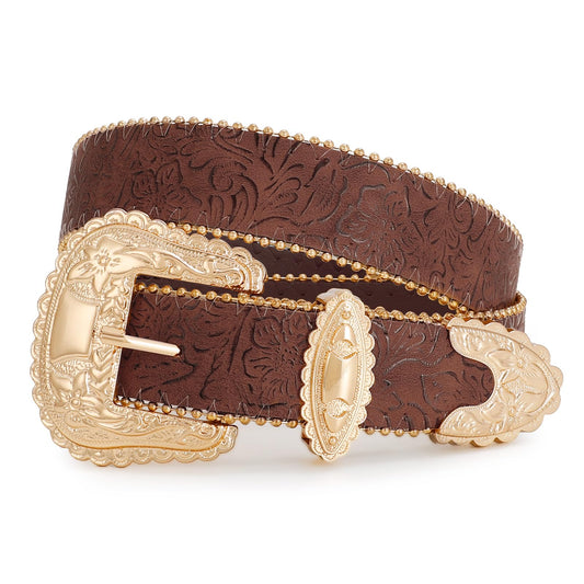 WOWOGO Floral Print Western Belts for Women Cowgirl Cowboy Country Leather Belt Fashion Vintage Belt for Jeans