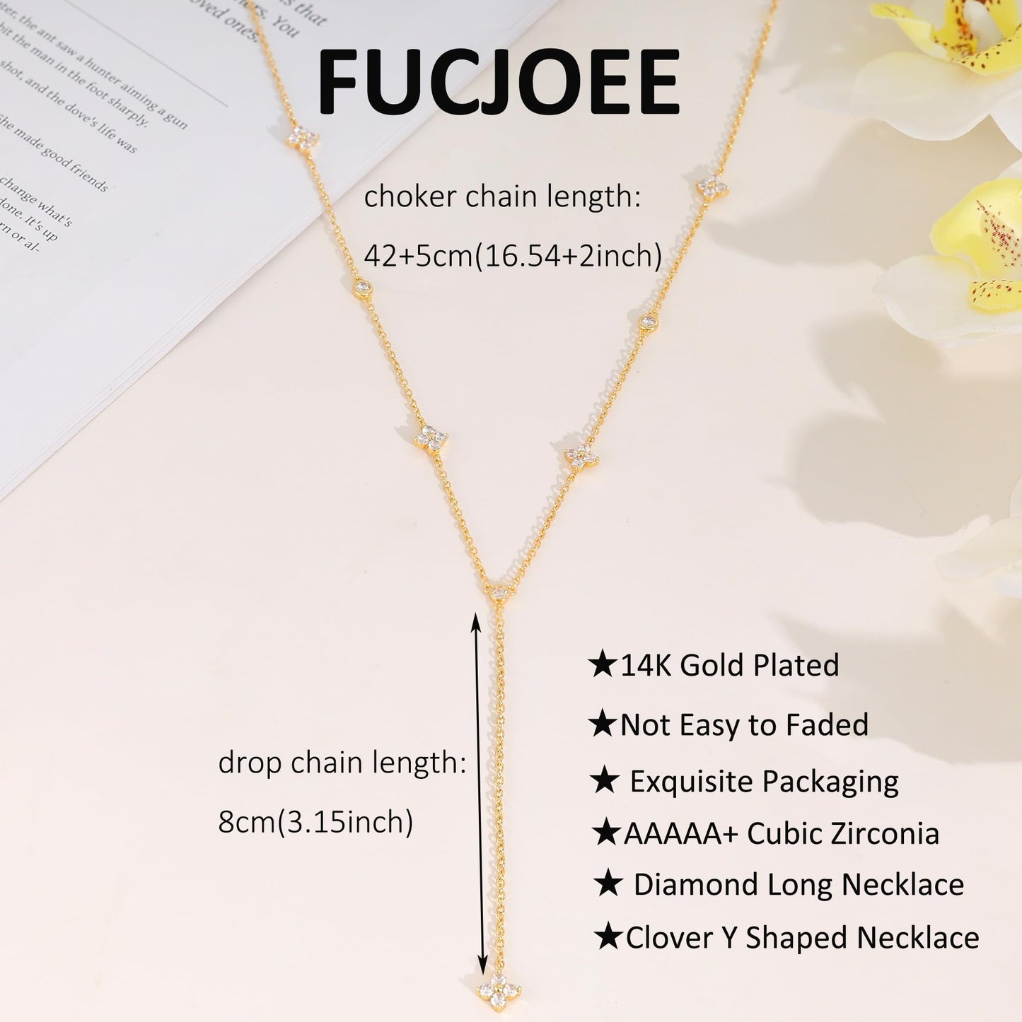 FUCJOEE Long Necklaces for Women Trendy - 14K Gold Plated CZ Clover Lariat Necklace Dainty Y Shaped Drop Necklace Cute Gold Choker Necklace for Women Party Prom Jewelry Teen Gifts