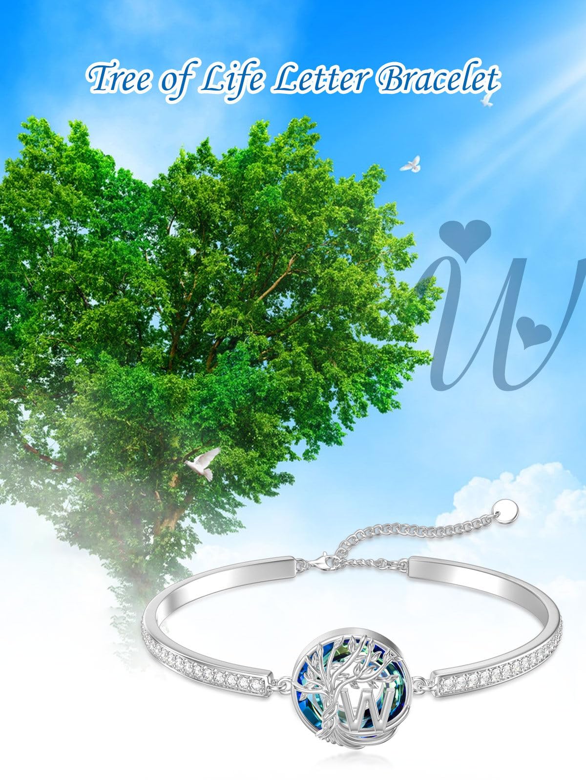 TOUPOP Tree of Life Bracelet Sterling Silver Initial W Letter Bangle Bracelet Family Tree Blue Crystal Jewelry Mothers Day Birthday Gifts for Women Mom Wife