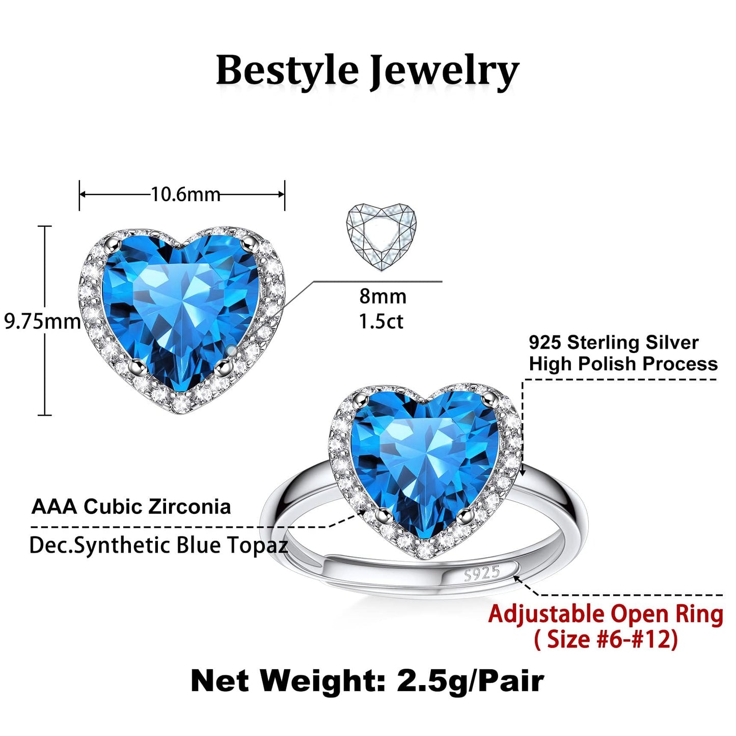 Bestyle CZ Heart Diamond Rings 5mm December Blue Topaz Birthstone Solitaire Rings, 925 Sterling Silver Rings Jewelry Gift for Wedding Anniversary Birthday