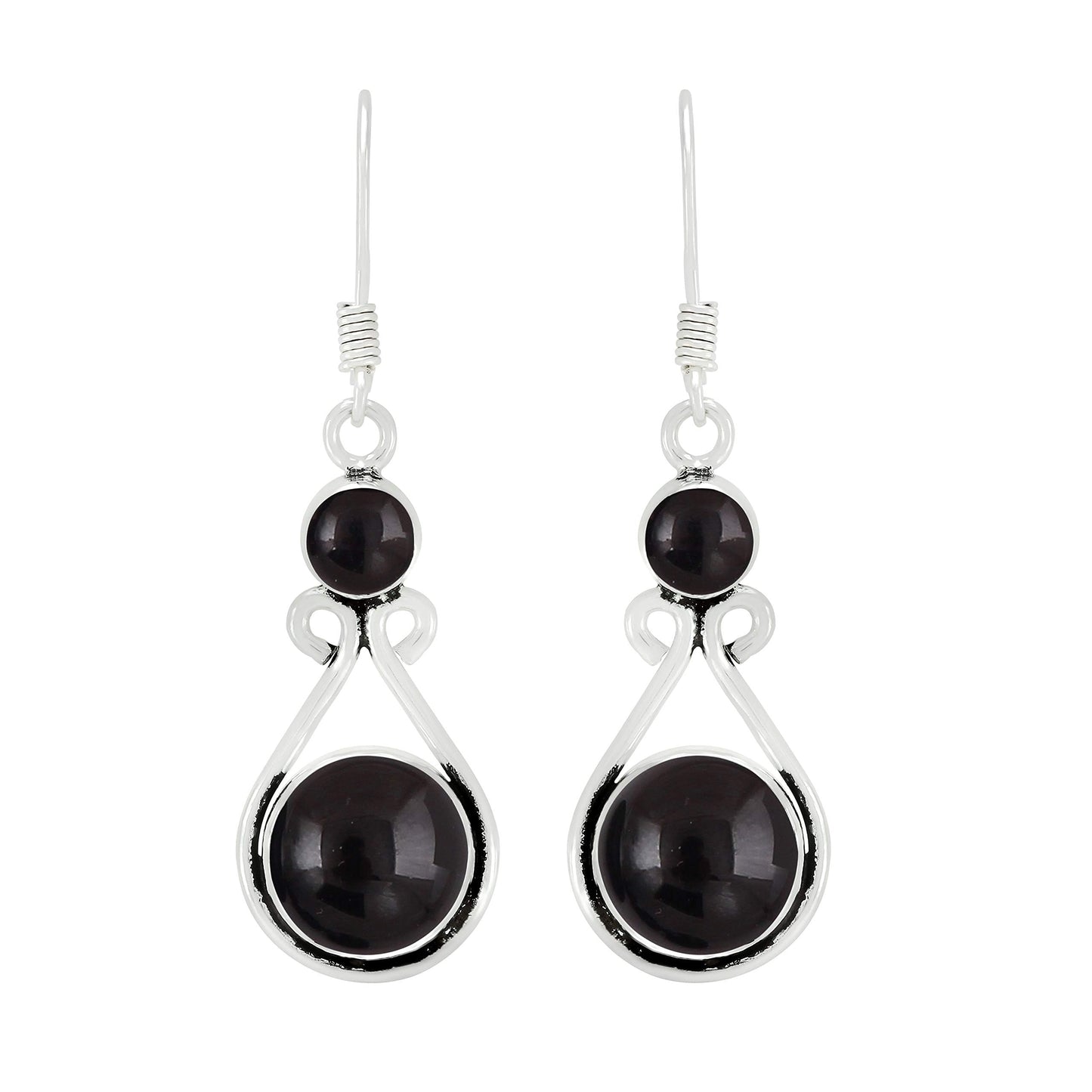 Natural Black Onyx Silver Plated Dangle Earrings for Women - July Birthstone Round Gemstones Drop Earrings Handmade Jewelry - Birthday Gift for Best Friend
