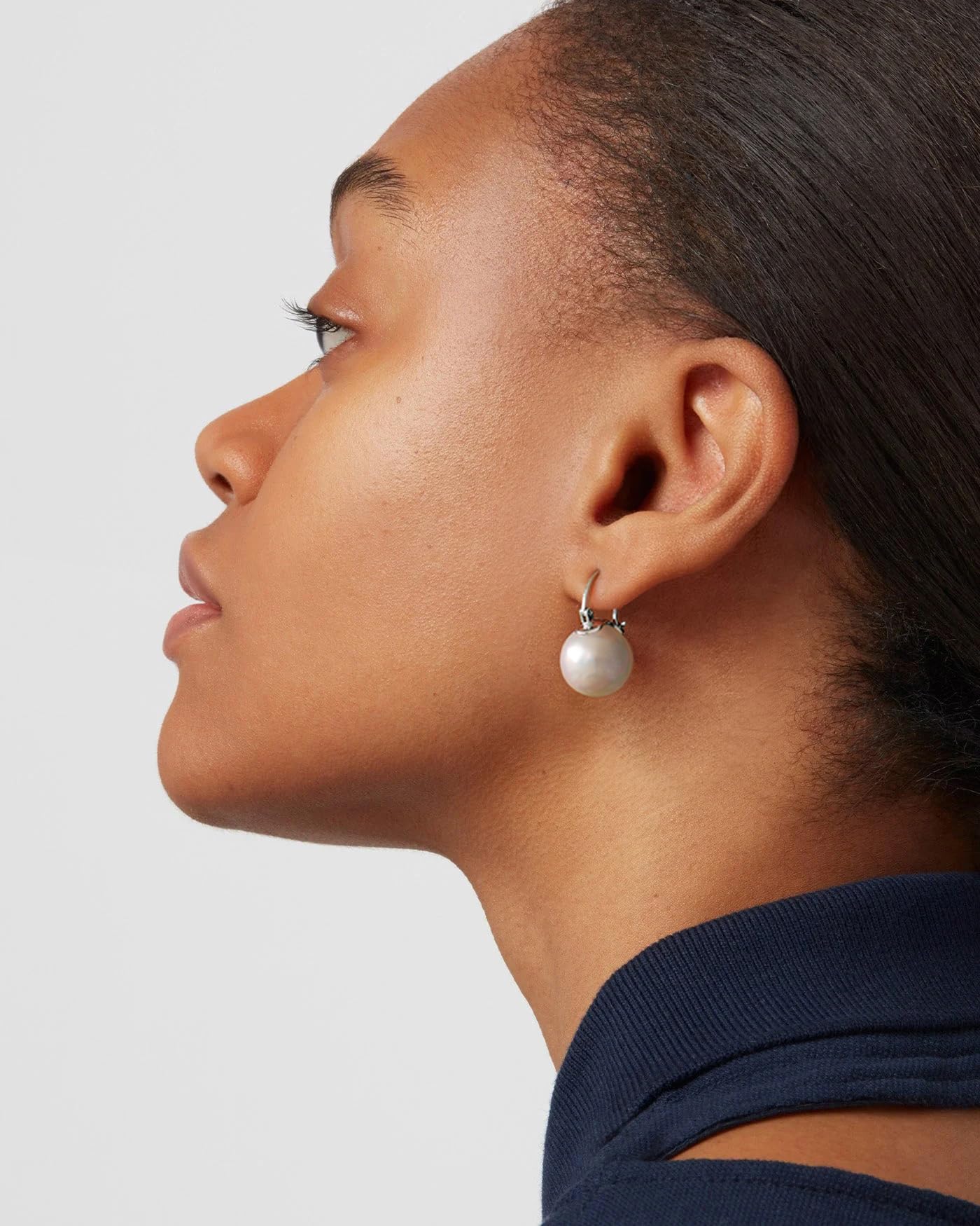 14mm Big Pearl Drop Earrings, Simple Silver Huggie Hoop Earrings, Dainty Wedding Jewelry for Bridal