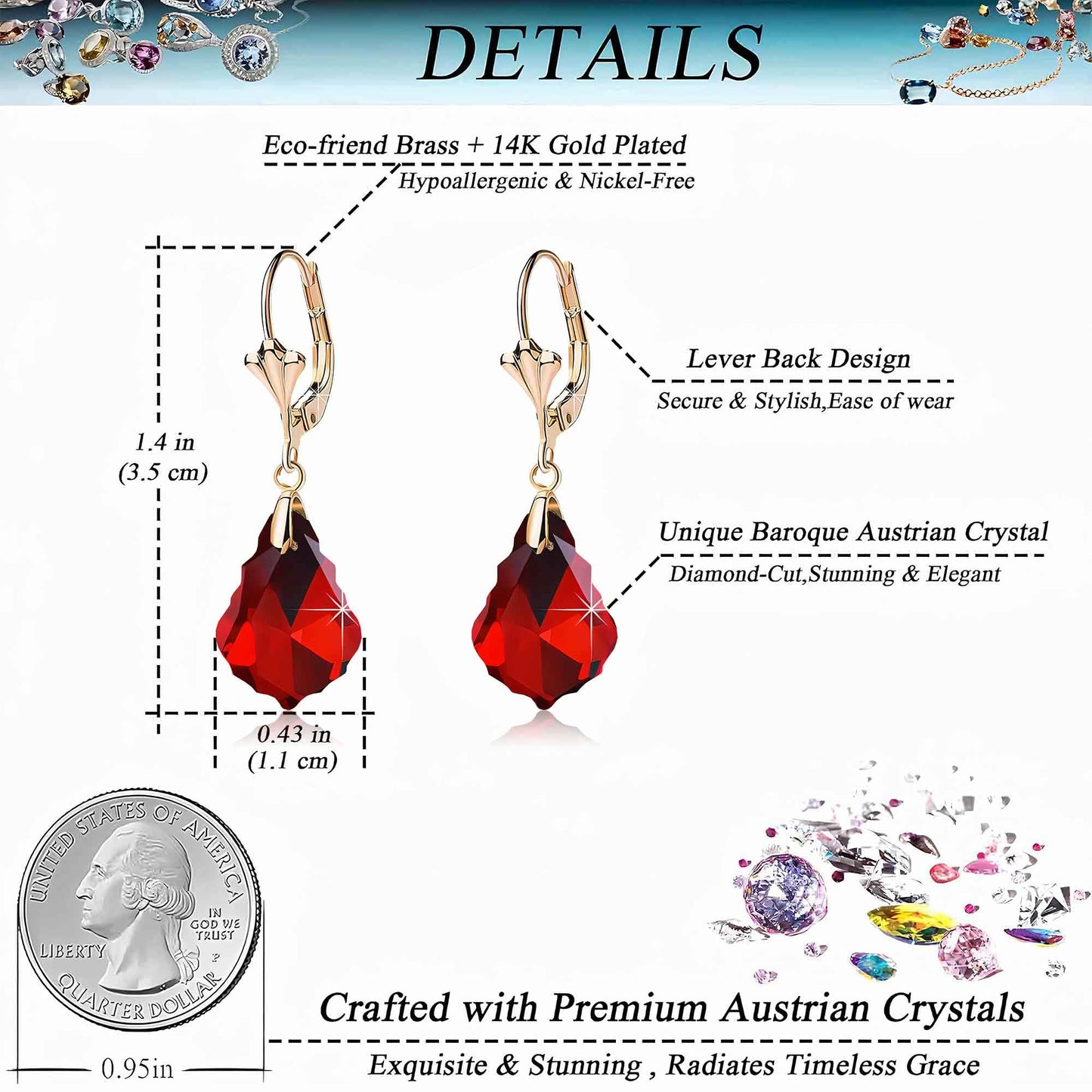 Austrian Crystal Baroque Drop Leverback Earrings for Women Fashion 14K Gold Plated Hypoallergenic Jewelry (Red)