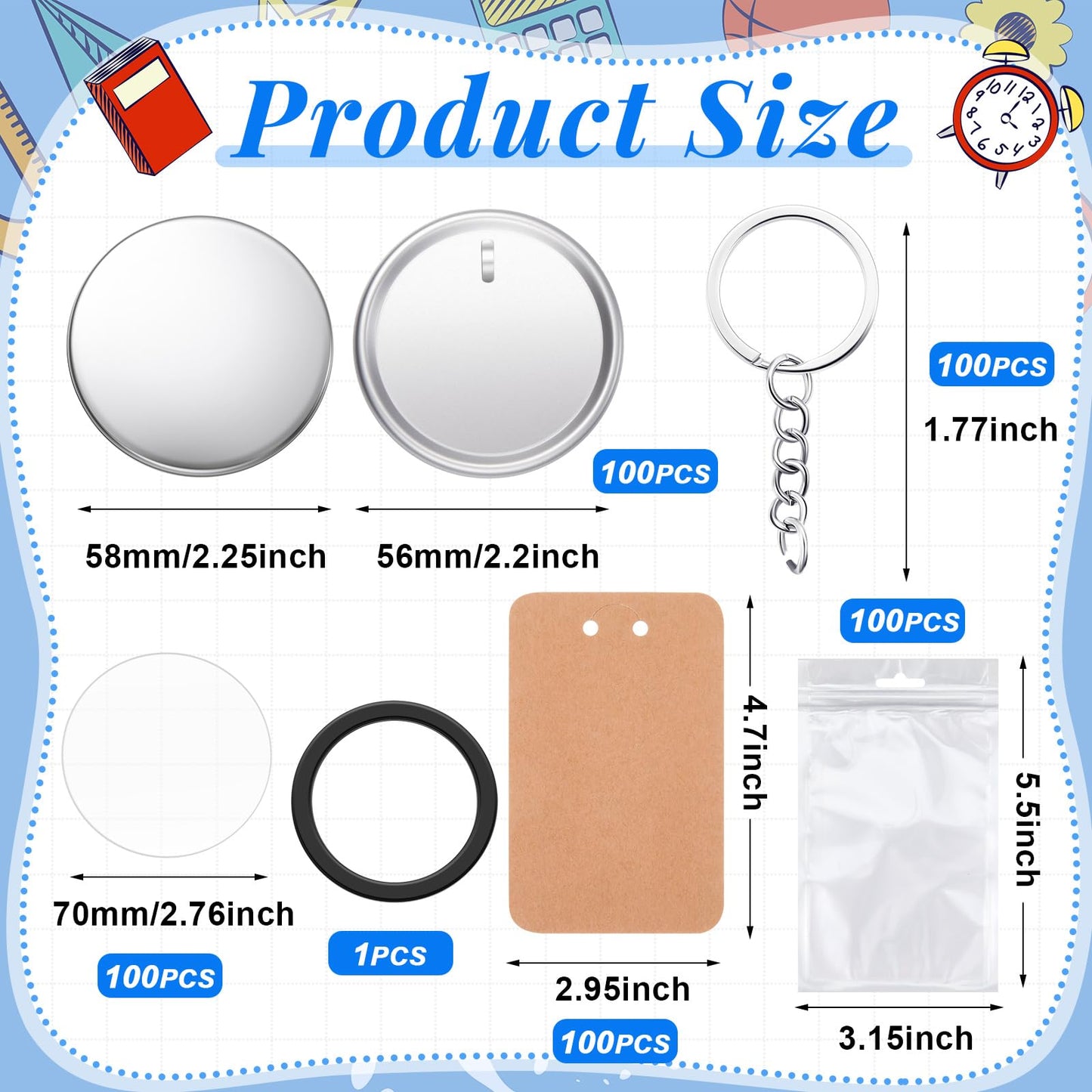 Tondiamo 100 Sets 58 Mm/ 2.25 Inch Button Maker Keychains Supplies Metal Button Badge Sets Including Metal Shell, Plastic Film, Backing Parts, Bags, Cards for Maker Machine DIY Christmas Gifts