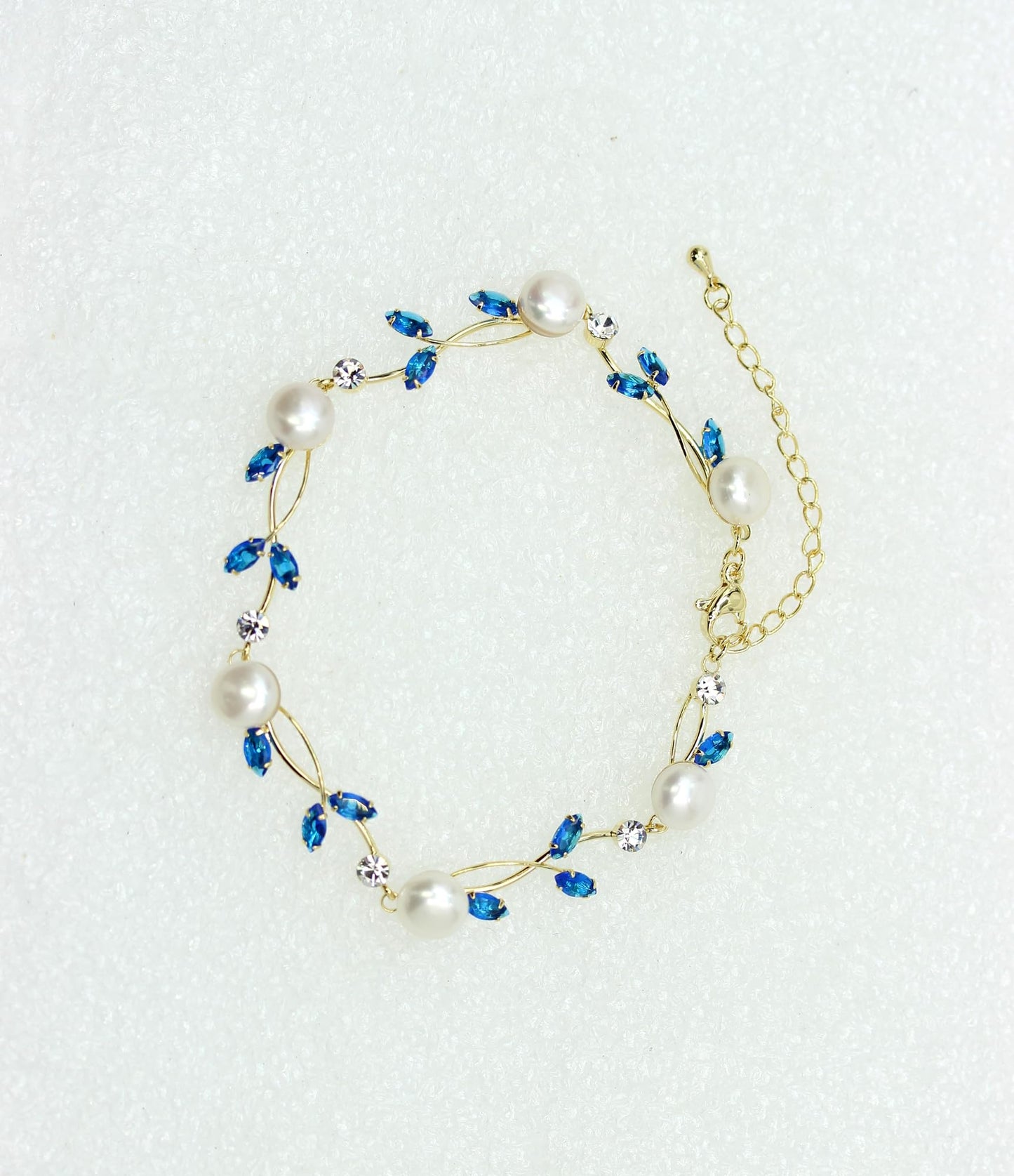 Faship Blue CZ Crystal Genuine Freshwater Pearls Floral Bracelet 7.5" - 9.5" - Blue/Gold Plated/Matching Bracelet