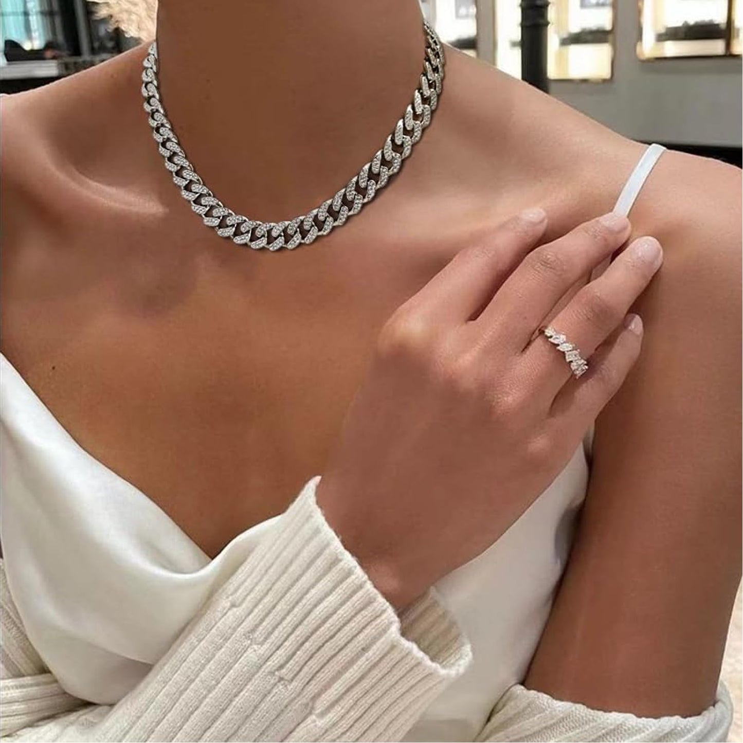 LULII Link Chain Necklace Bracelet Rhinestone Big Circle Hoop Earrings Set Bling Crystal Jewelry Set for Women