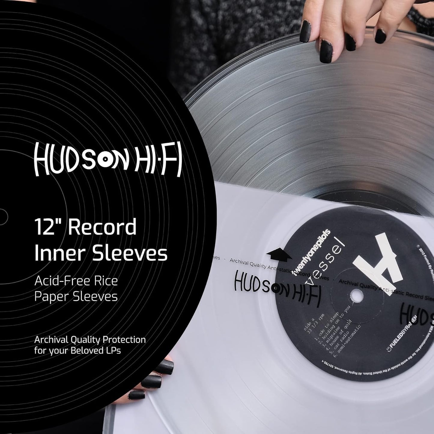 Hudson Hi-Fi Anti-Static Vinyl Record Sleeves - Durable Clear Disc Sleeves- Protect Your LP Albums from Scratches, Dust & Dirt - Acid-Free Rice Paper Disc Covers, 100x Inner Sleeves